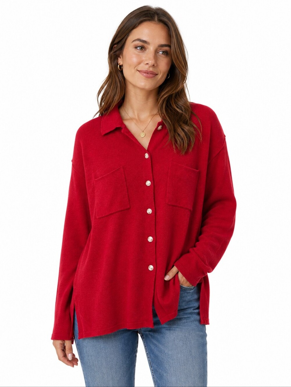 Eddie Bauer Red Cotton Button Front Sweater Cardigan Women’s Size Small
